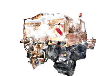 Çöp tenekesi kollu çöp kamyonu. Yatay olarak. Resim çizimi çizimi