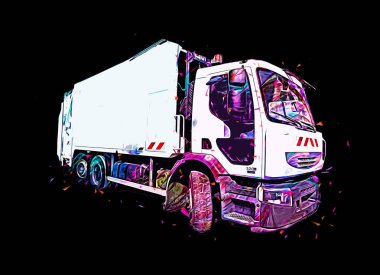 Çöp tenekesi kollu çöp kamyonu. Yatay olarak. Resim çizimi çizimi