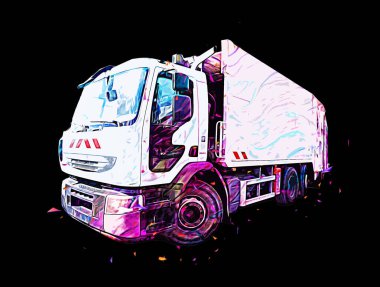 Çöp tenekesi kollu çöp kamyonu. Yatay olarak. Resim çizimi çizimi