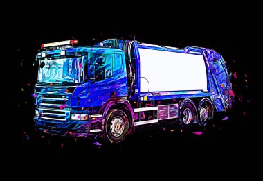 Çöp tenekesi kollu çöp kamyonu. Yatay olarak. Resim çizimi çizimi