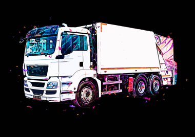 Çöp tenekesi kollu çöp kamyonu. Yatay olarak. Resim çizimi çizimi