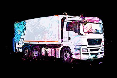 Çöp tenekesi kollu çöp kamyonu. Yatay olarak. Resim çizimi çizimi