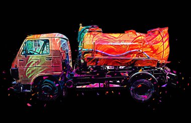 Çöp tenekesi kollu çöp kamyonu. Yatay olarak. Resim çizimi çizimi