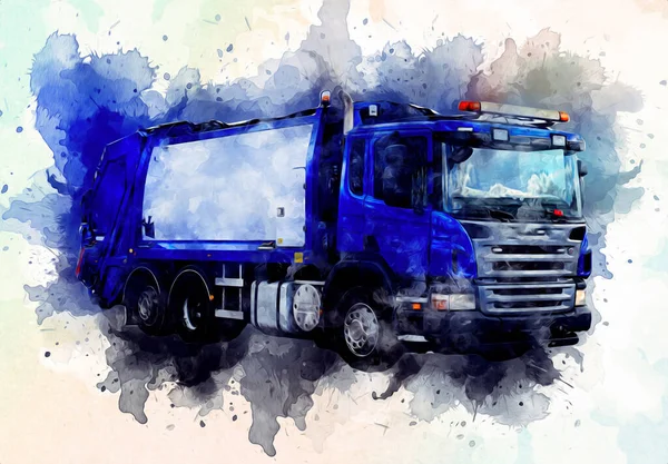 Garbage truck with trash can lift arm. Horizontal. Art illustration drawing sketch