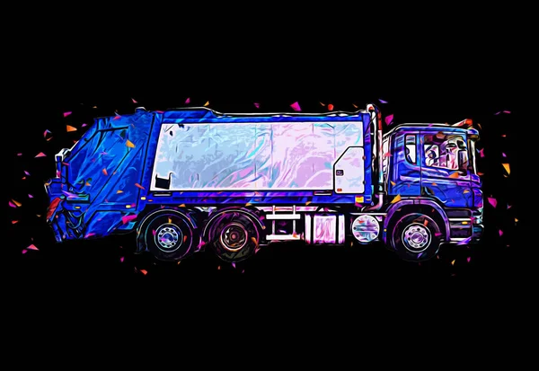 Çöp tenekesi kollu çöp kamyonu. Yatay olarak. Resim çizimi çizimi