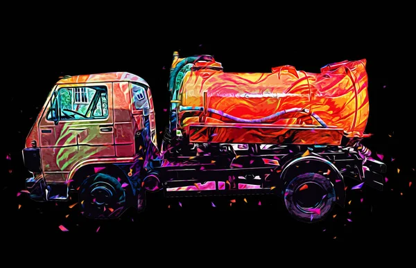 Çöp tenekesi kollu çöp kamyonu. Yatay olarak. Resim çizimi çizimi