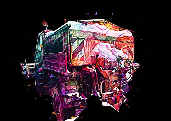 Çöp tenekesi kollu çöp kamyonu. Yatay olarak. Resim çizimi çizimi