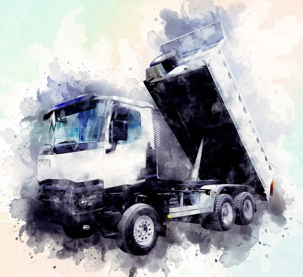 Gele Dump Truck Illustratie Kunst Tekening Schets Retro Antiek Vintage — Stockfoto