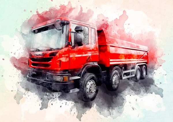 Gele Dump Truck Illustratie Kunst Tekening Schets Retro Antiek Vintage — Stockfoto