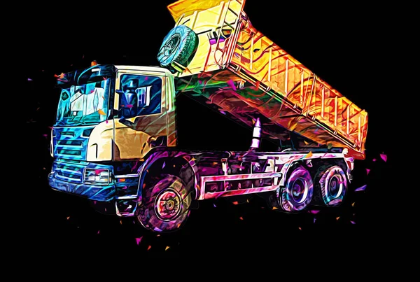 Gele Dump Truck Illustratie Kunst Tekening Schets Retro Antiek Vintage — Stockfoto