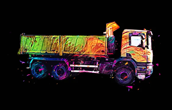 Gele Dump Truck Illustratie Kunst Tekening Schets Retro Antiek Vintage — Stockfoto