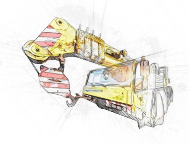 Gezici vinç yükselişte açık hava kamyon vintage çizim çizimi