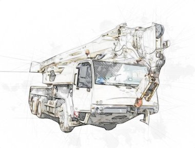 Gezici vinç yükselişte açık hava kamyon vintage çizim çizimi