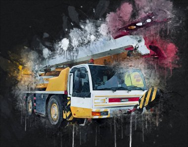 Gezici vinç yükselişte açık hava kamyon vintage çizim çizimi