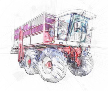 Modern tarımsal birleşim beyaz arka planda izole edilmiş eskiz eskizi antika