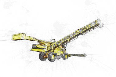 Modern tarımsal birleşim beyaz arka planda izole edilmiş eskiz eskizi antika