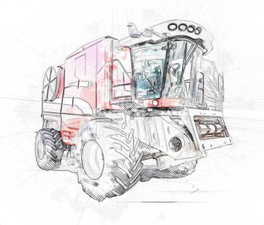 Modern tarımsal birleşim beyaz arka planda izole edilmiş eskiz eskizi antika