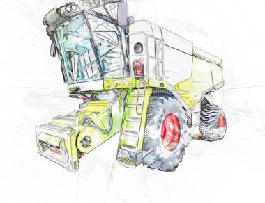 Modern tarımsal birleşim beyaz arka planda izole edilmiş eskiz eskizi antika