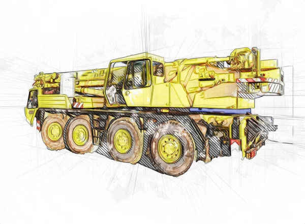 mobile crane with risen boom outdoors truck vintage drawing sketch