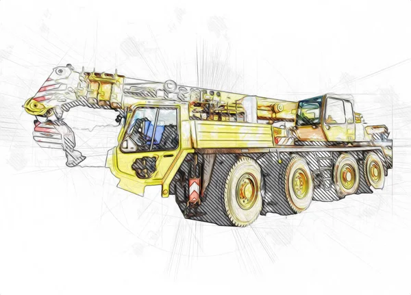 Grue Mobile Avec Flèche Relevée Plein Air Camion Dessin Vintage — Photo