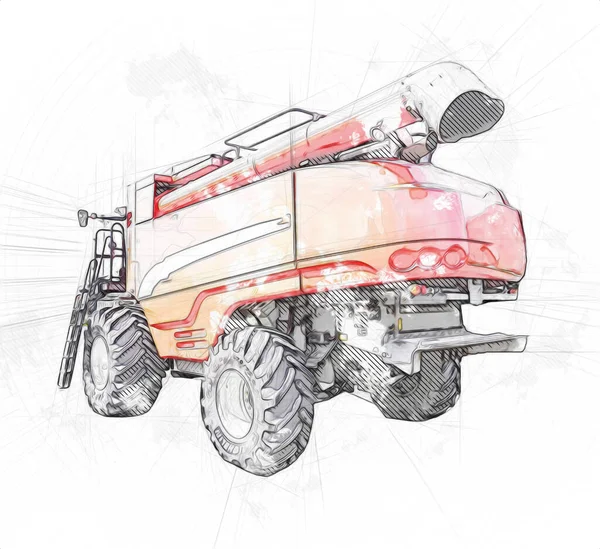 Modern Agricultural Combine Isolated White Background Drawing Sketch Retro Antique — Stock Photo, Image