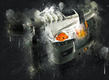 Ağır sarı siyah çekiç matkap matkap elle delme aleti beyaz arka planda izole edilmiş. İnşaat sektörü araçları kavramı