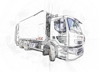 Çöp tenekesi kollu çöp kamyonu. Yatay olarak. Resim çizimi çizimi