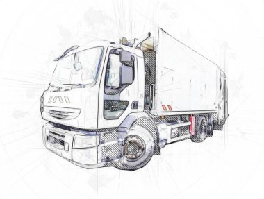 Çöp tenekesi kollu çöp kamyonu. Yatay olarak. Resim çizimi çizimi