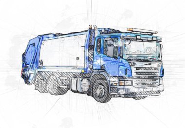 Çöp tenekesi kollu çöp kamyonu. Yatay olarak. Resim çizimi çizimi