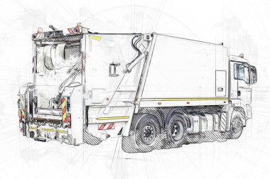 Çöp tenekesi kollu çöp kamyonu. Yatay olarak. Resim çizimi çizimi