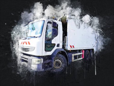 Çöp tenekesi kollu çöp kamyonu. Yatay olarak. Resim çizimi çizimi