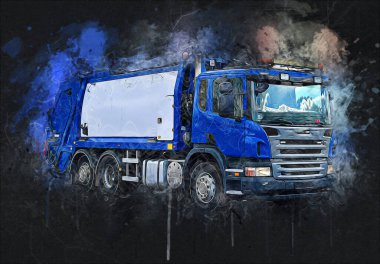 Çöp tenekesi kollu çöp kamyonu. Yatay olarak. Resim çizimi çizimi