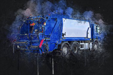 Çöp tenekesi kollu çöp kamyonu. Yatay olarak. Resim çizimi çizimi