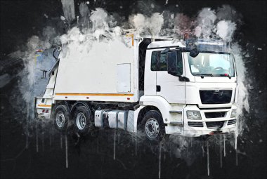 Çöp tenekesi kollu çöp kamyonu. Yatay olarak. Resim çizimi çizimi