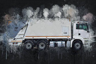 Çöp tenekesi kollu çöp kamyonu. Yatay olarak. Resim çizimi çizimi