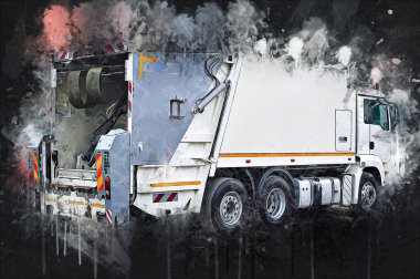 Çöp tenekesi kollu çöp kamyonu. Yatay olarak. Resim çizimi çizimi