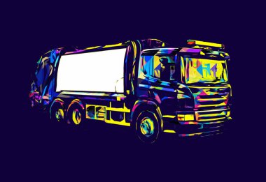 Çöp tenekesi kollu çöp kamyonu. Yatay olarak. Resim çizimi çizimi