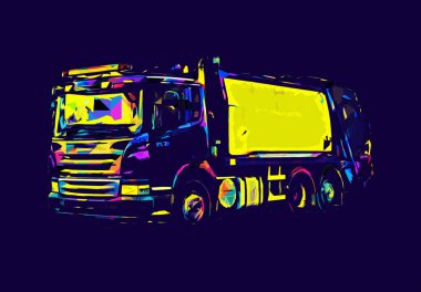 Çöp tenekesi kollu çöp kamyonu. Yatay olarak. Resim çizimi çizimi