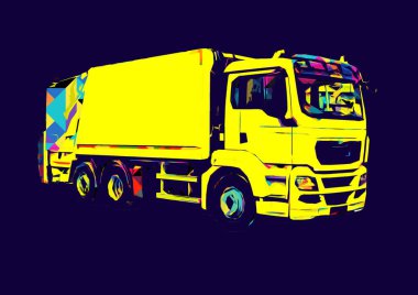 Çöp tenekesi kollu çöp kamyonu. Yatay olarak. Resim çizimi çizimi