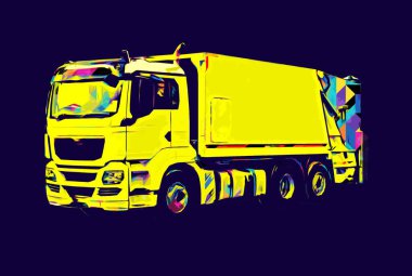 Çöp tenekesi kollu çöp kamyonu. Yatay olarak. Resim çizimi çizimi