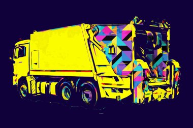 Çöp tenekesi kollu çöp kamyonu. Yatay olarak. Resim çizimi çizimi