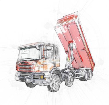 Sarı damperli kamyon çizimi eskiz çizimi antika antika