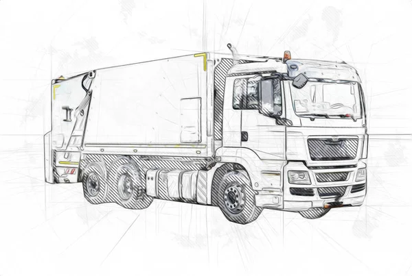 Vuilniswagen Met Vuilnisbak Horizontaal Art Illustratie Tekening Schets — Stockfoto