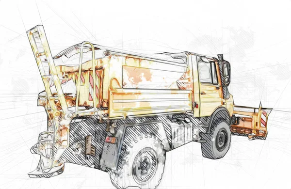 Garbage truck with trash can lift arm. Horizontal. Art illustration drawing sketch