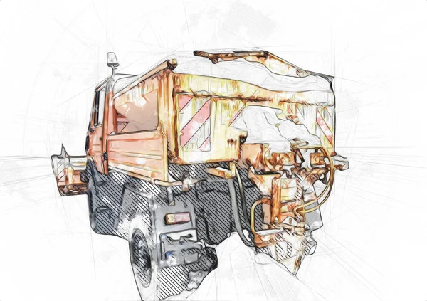 Garbage truck with trash can lift arm. Horizontal. Art illustration drawing sketch