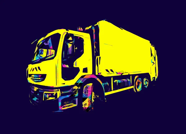 Garbage truck with trash can lift arm. Horizontal. Art illustration drawing sketch