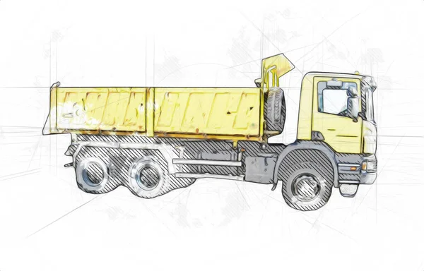 Žlutá Skládka Kamion Ilustrace Umění Kreslení Náčrtek Retro Starožitný Ročník — Stock fotografie