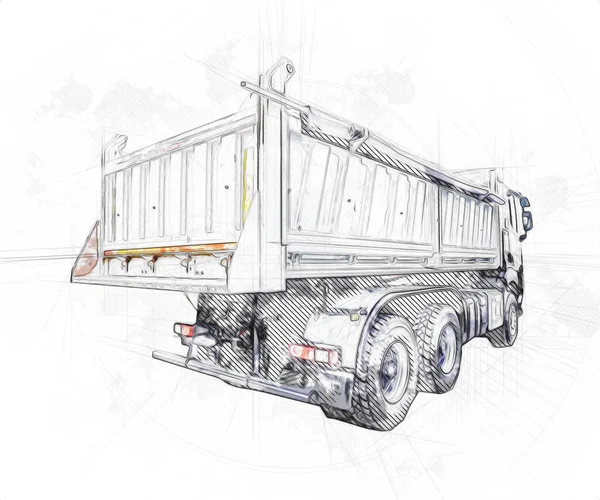 Gele Dump Truck Illustratie Kunst Tekening Schets Retro Antiek Vintage — Stockfoto