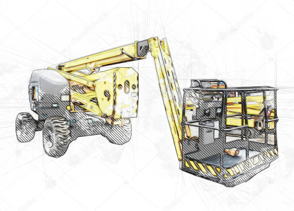 Forklift on a construction site, preparing to raise construction parts illustrator art drawing