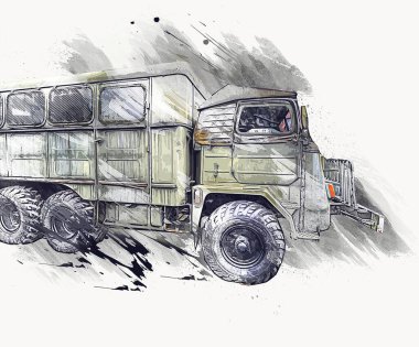 Zırhlı Araç Teknik Askeri Kamyon Sanat Çizimi